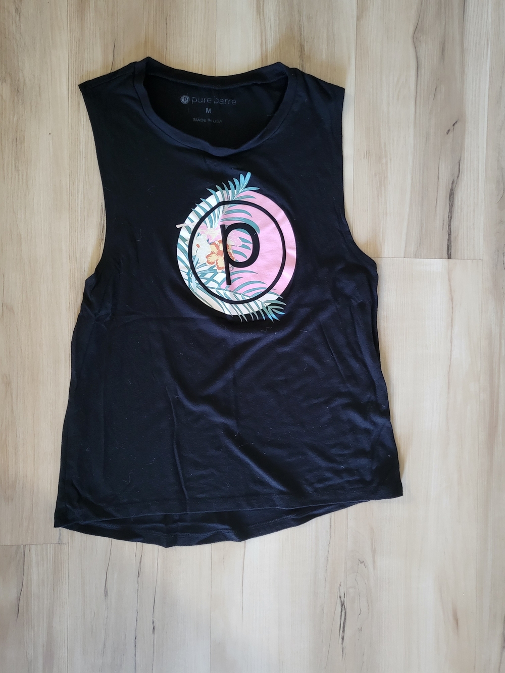 Pure Barre Black Muscle Tank with Pink & Teal Palm Graphic